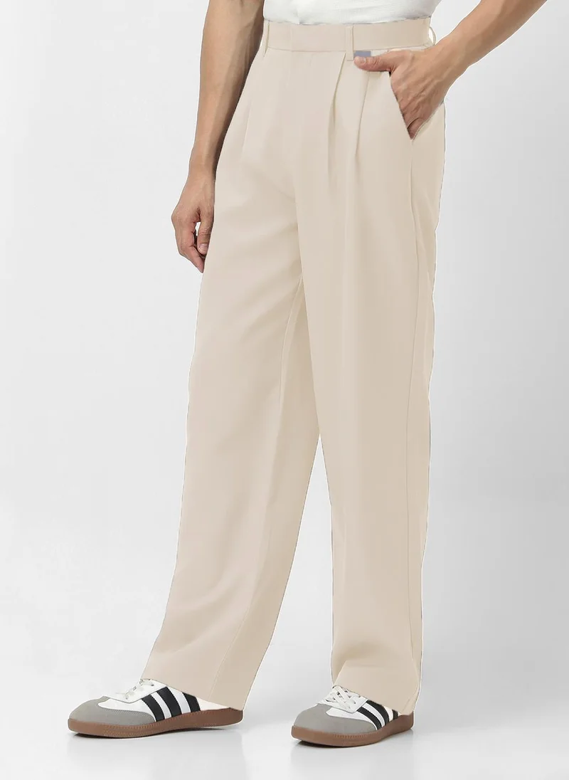 Urbano Fashion Urbano Fashion Men's Cream Loose Baggy Fit Solid Korean Pants Stretchable